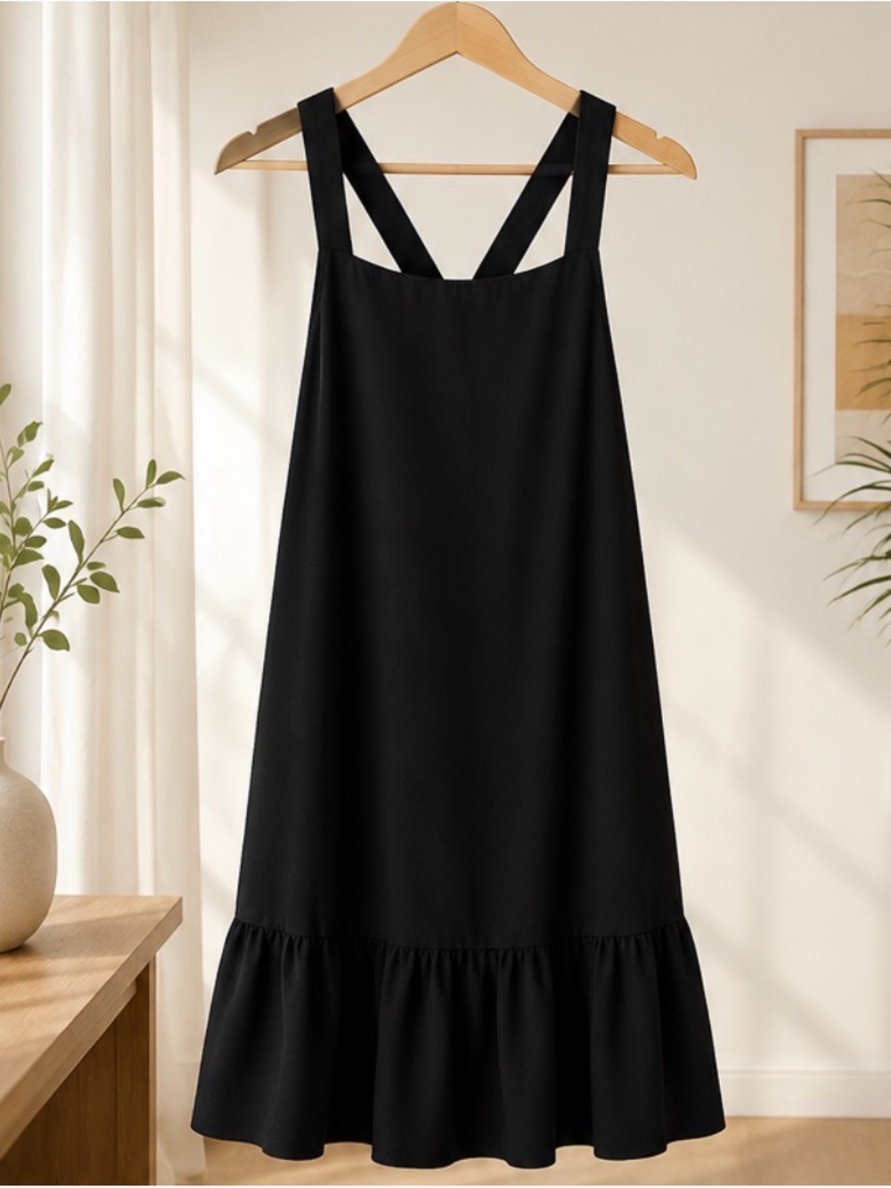 Black Ruffle-Hem Sundress with Cross Straps with pockets